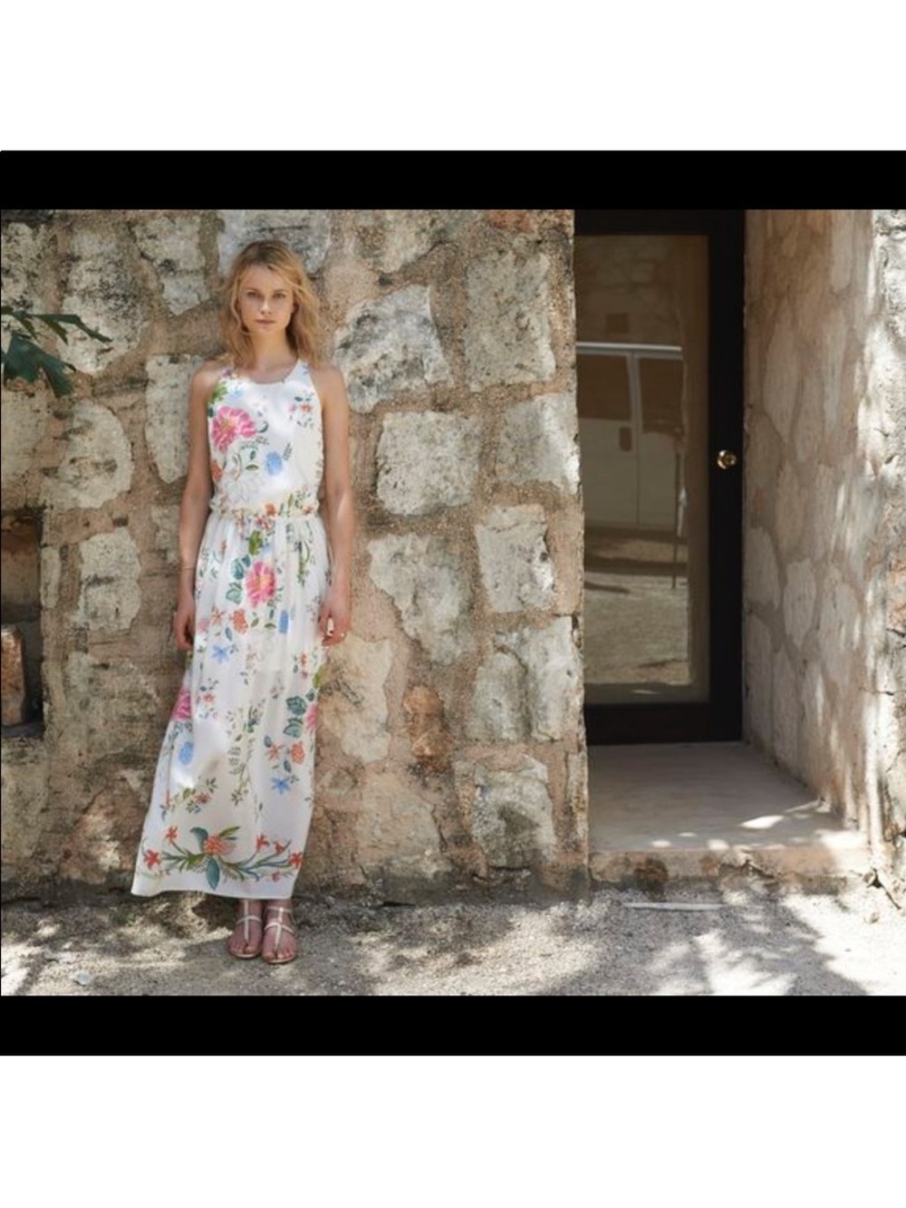 Club Monaco White Floral Maxi Dress with Pink and Blue Blooms
